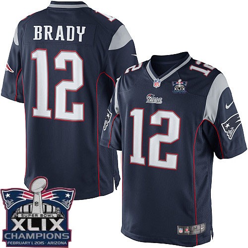 Youth Elite Tom Brady Super Bowl XLIX Champions Nike Jersey Navy Blue Home - #12 NFL New England Patriots